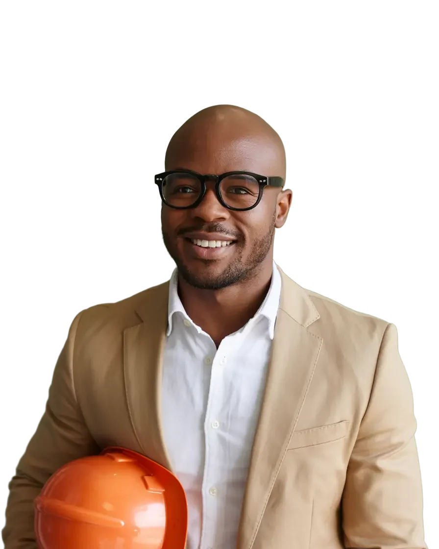 Voninga Consulting Engineers team member in a suit holding an orange hard hat, representing expert consulting engineers.