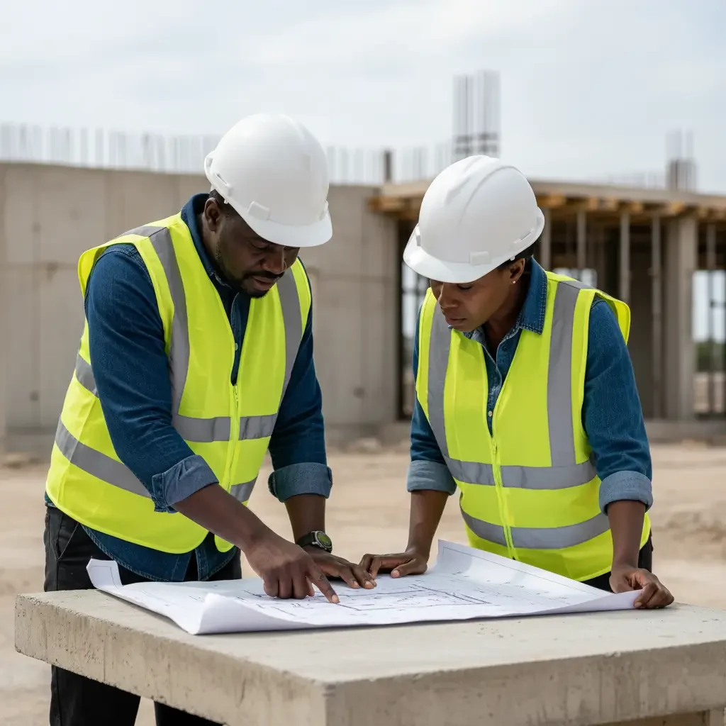 Engineers in safety vests and hard hats reviewing blueprints at a construction site, representing Voninga Consulting Engineers’ hands-on expertise and integrity.